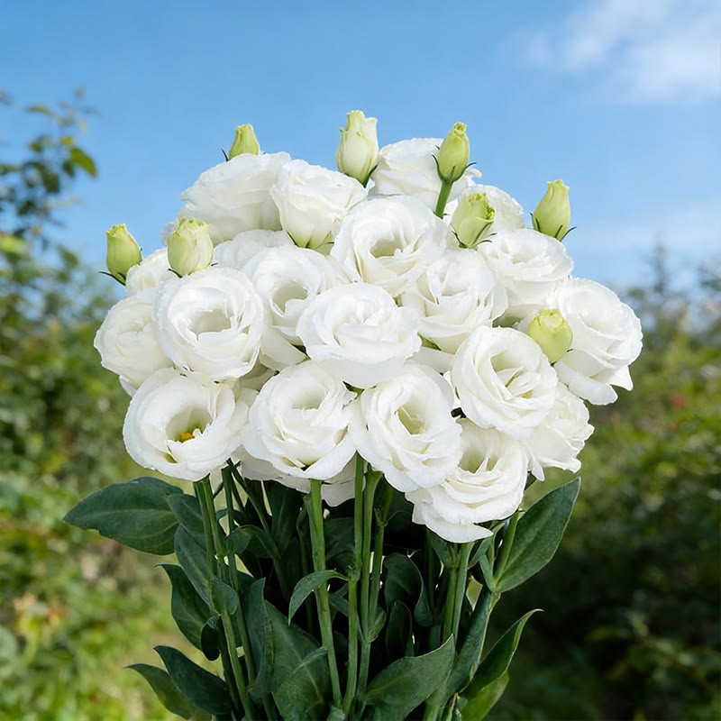 White Lisianthus flowers blooming in a garden