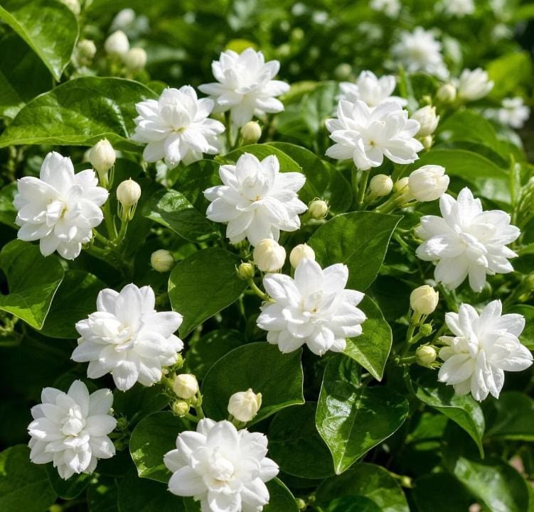 White jasmine flowers growing on a lush jasmine plant