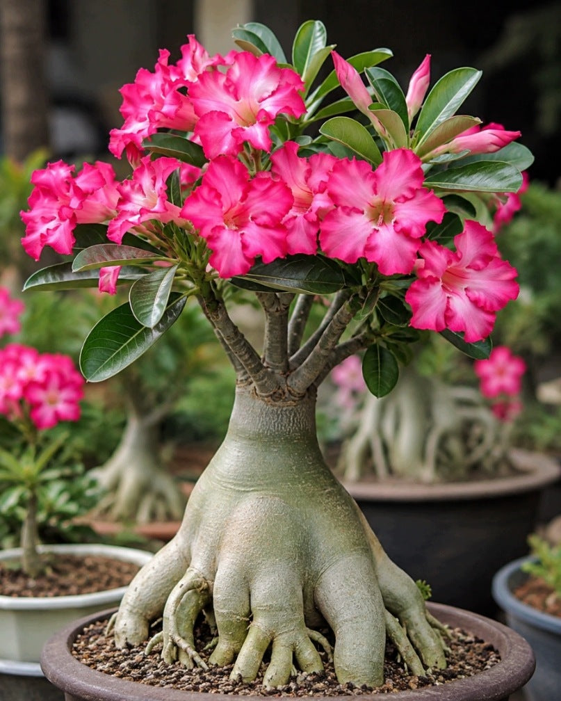 Adenium Desert Rose plant with vibrant flowers, glossy green leaves, and a thick sculptural stem growing in a decorative pot.