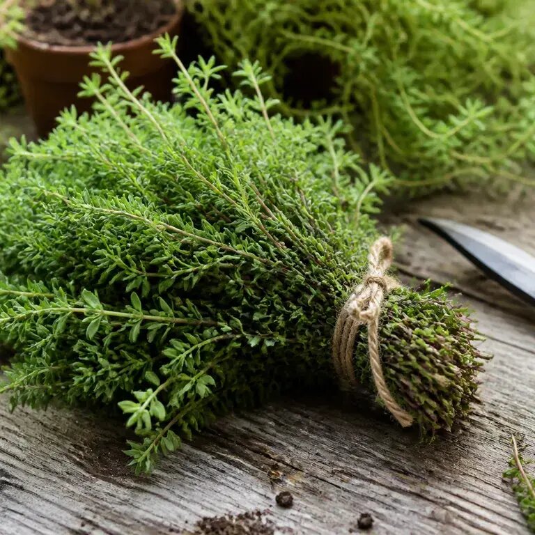 French Thyme Herb Seeds for planting with aromatic green thyme foliage and delicate flowers