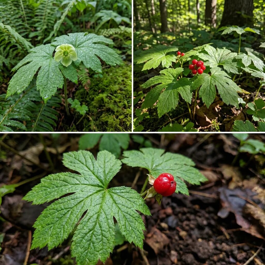 Goldenseal herb plant with lobed green leaves and white spring flowers