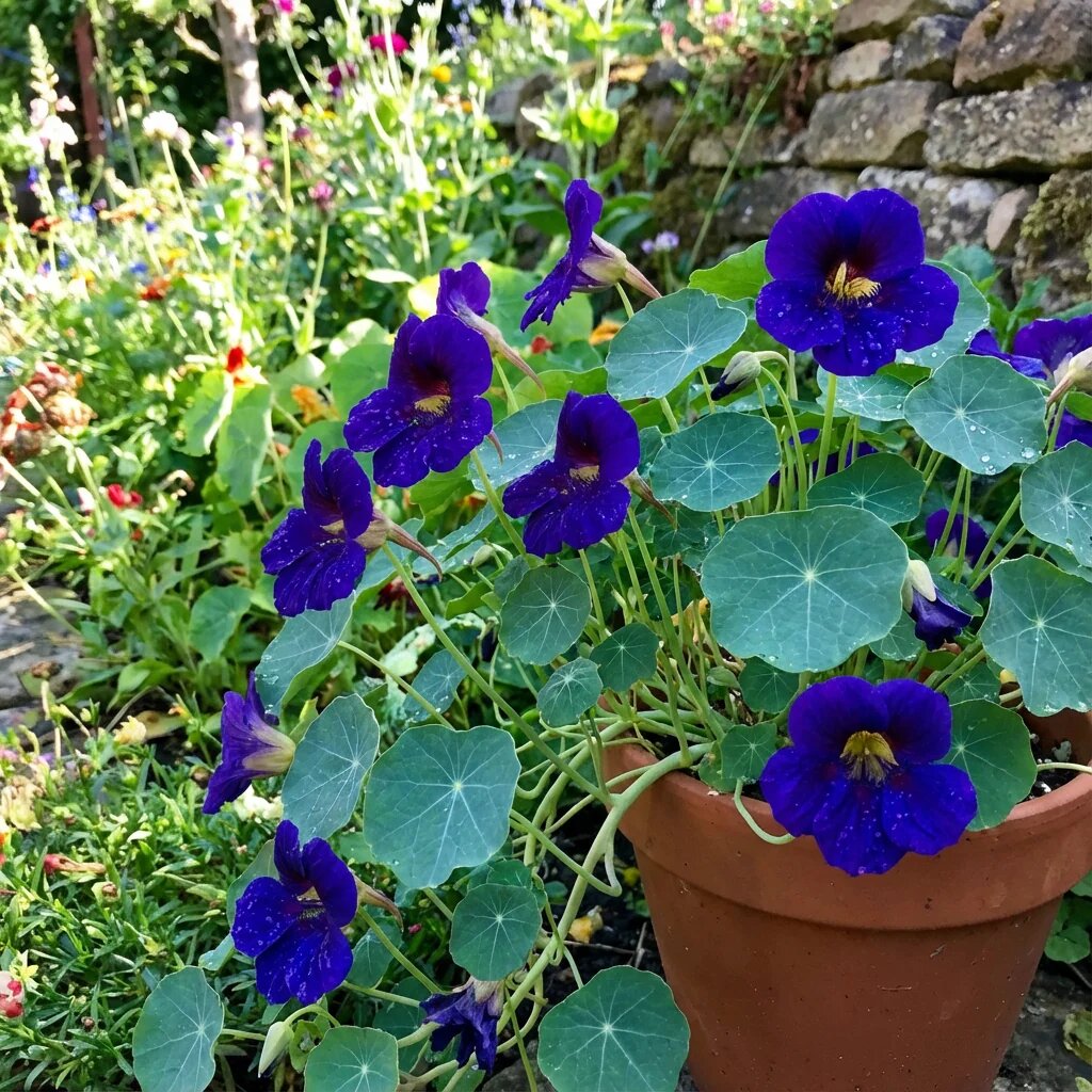 Blue Hanging Nasturtium flowers with rounded green leaves growing in a cascading garden display