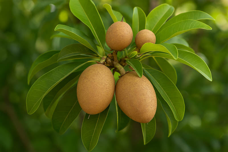 Manilkara chicle tropical evergreen tree with glossy green foliage, natural growth habit, and fruit-bearing potential in a warm-climate garden.
