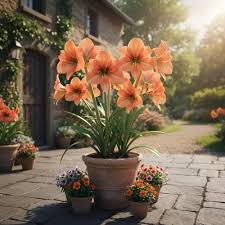 Orange Hippeastrum Flowers in Ornamental Container