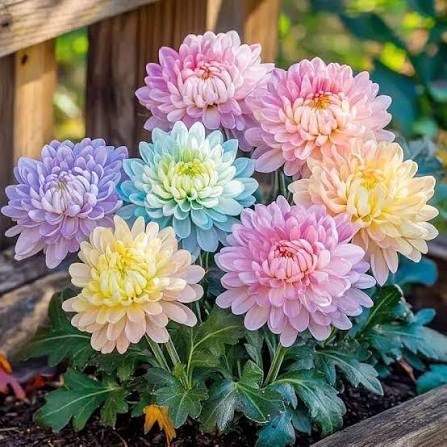 Chrysanthemums Growing in Cottage Garden Border