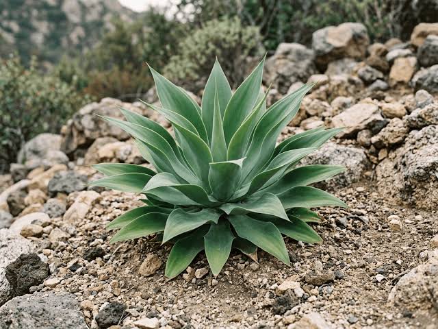 Swan’s Neck Agave (Agave attenuata) with a graceful rosette of broad green leaves and a distinctive curved flower stalk in an ornamental succulent garden.