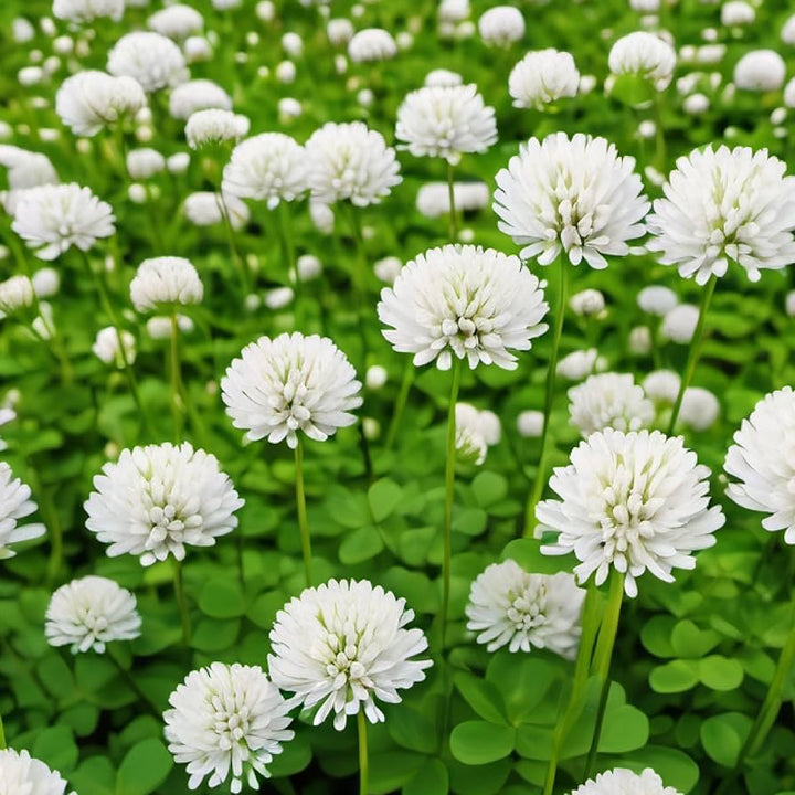 White Clover Flower Seeds with white blooms and green trifoliate leaves