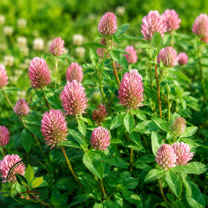 Red Clover Nitro-Coated Plant Seeds with mature red clover plants and pink flower heads