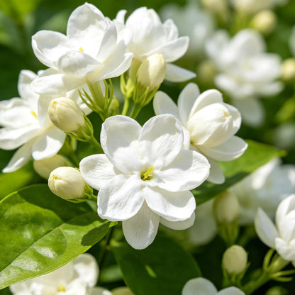 White jasmine flowers growing on a lush jasmine plant