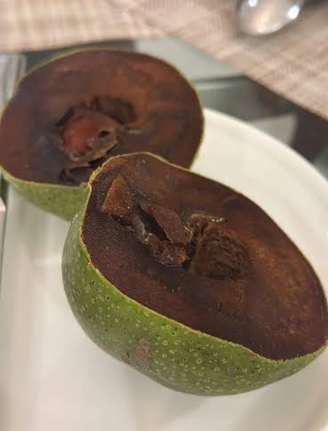 Chocolate pudding fruit, also known as black sapote, showing ripe dark brown flesh, green fruit skin, and glossy green leaves on a tropical fruit tree.
