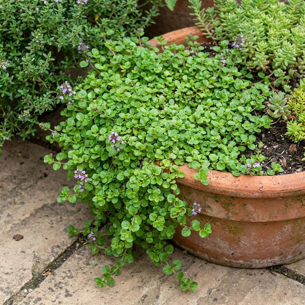 Corsican Mini Mint plants growing as fragrant green ground cover with tiny leaves and delicate purple flowers
