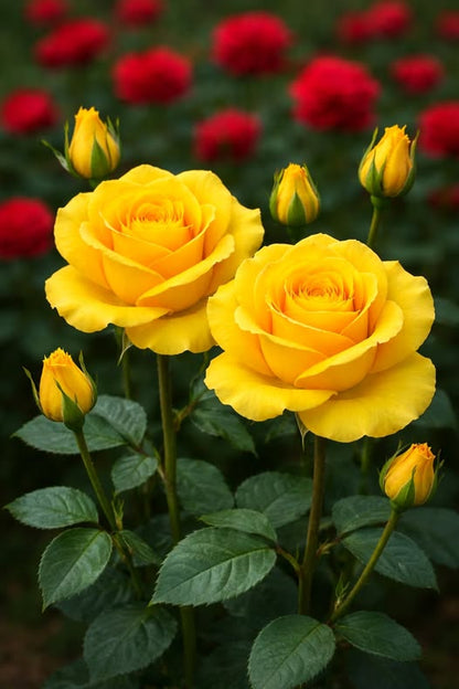 Deep Yellow Rose Flower Seeds for Planting with mature yellow rose blooms in a garden