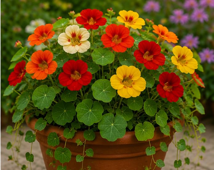 Nasturtium Tropaeolum majus flowers with colorful blooms and distinctive rounded green leaves