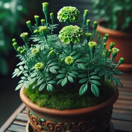 Green Marigolds Growing in Cottage Garden Border