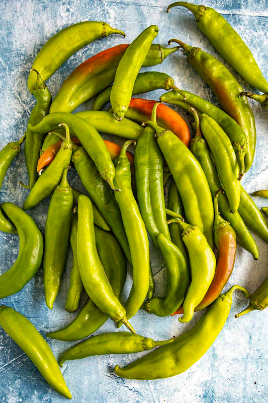 Hatch pepper seeds for planting, featuring New Mexico-style chile peppers growing on healthy green plants in a sunny vegetable garden.
