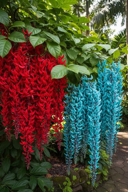 Mixed jade vine flower seeds for growing an exotic tropical climbing plant with distinctive hanging blooms.