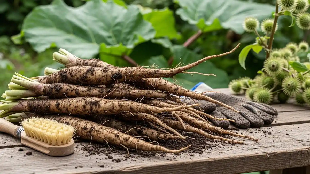 Kinpira Gobo burdock root vegetable with long brown roots, pale edible flesh, and fresh green foliage grown in a home vegetable garden.