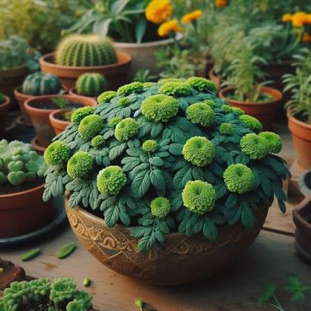 Green Marigolds Growing in Cottage Garden Border