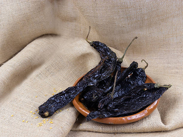 Pasilla pepper seeds for planting with mature dark green chilaca peppers, deep brown dried pasilla chilies, and a healthy pepper plant for home vegetable gardens.