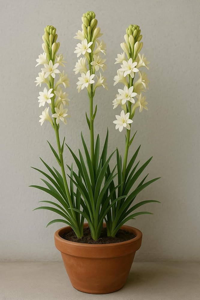 Mexican Single Tuberose Rajnigandha flowering plant with fragrant white blooms, slender green leaves, and elegant flower spikes in a sunny garden.
