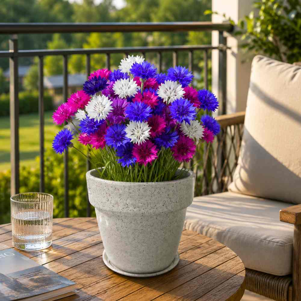 Mixed Bachelor Button flowers in blue, pink, white, and purple shades