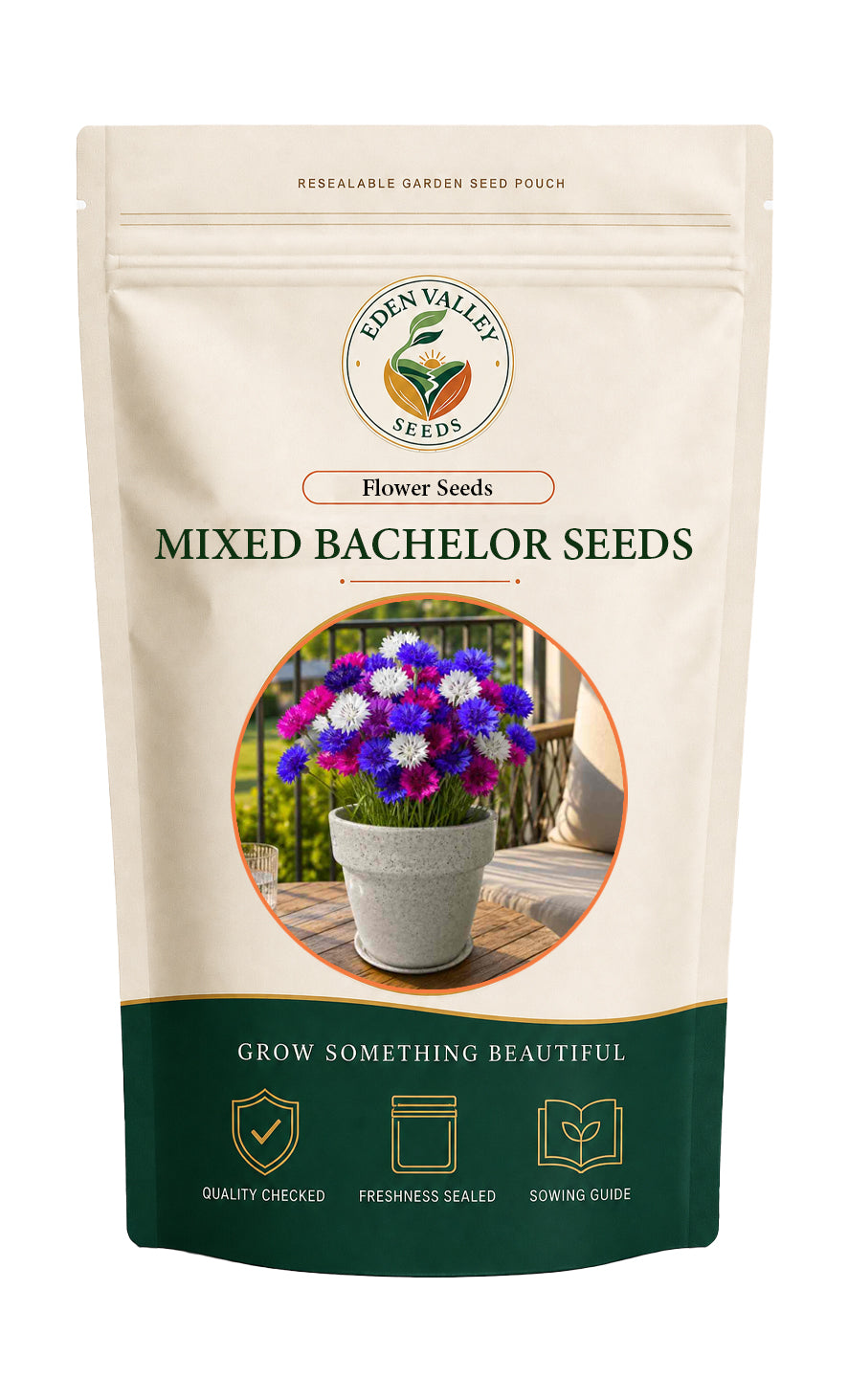 Mixed Bachelor Flower Seeds with blooms in assorted colors and green foliage