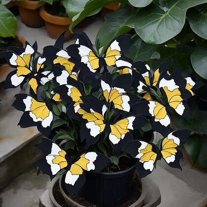 Moonlight Butterfly Begonia ornamental plant featuring decorative foliage and yellow, white, and black tones, suitable for indoor displays and shaded garden spaces.