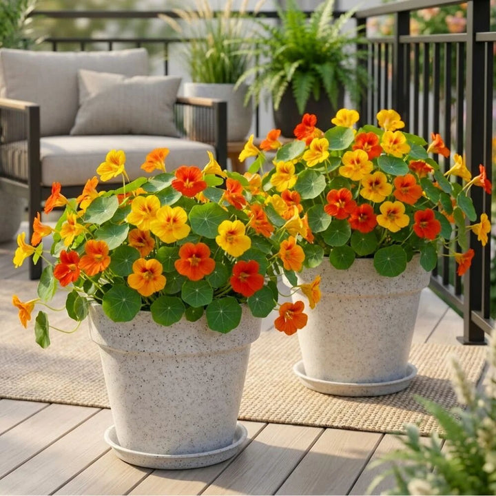 Nasturtium Tropaeolum majus flowers with colorful blooms and distinctive rounded green leaves