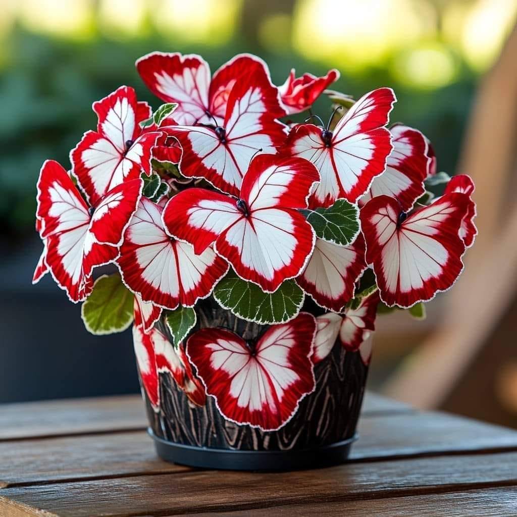 Moonlight Butterfly Begonia with decorative red and white coloring, presented as an ornamental plant for indoor displays and shaded garden spaces.