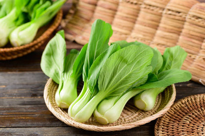 Pak Choi vegetable plants with green leaves and crisp pale stalks growing in a garden