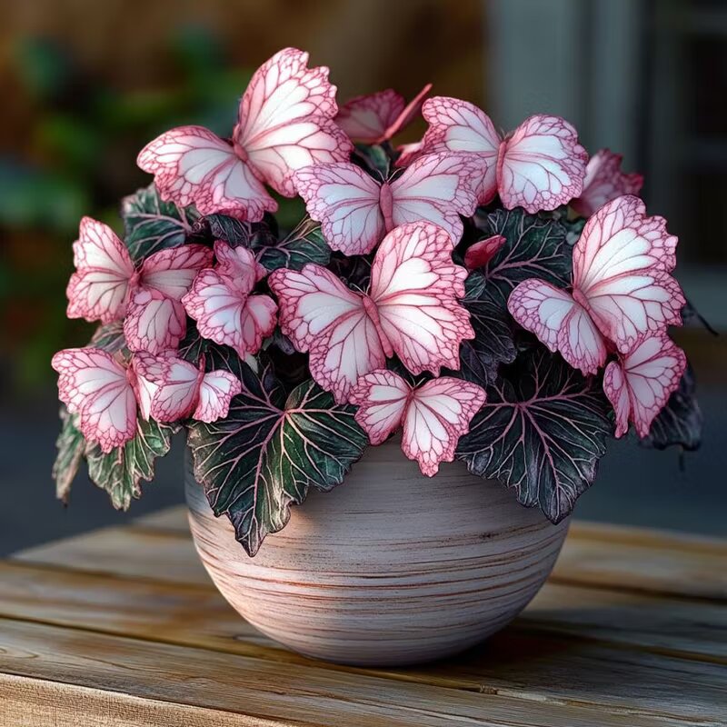 Moonlight Butterfly Begonia pink and white ornamental flowers with decorative green foliage for indoor plant displays and sheltered gardens.