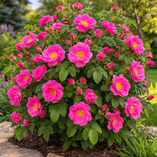 Pink Rugosa Rose Growing Along Garden Border