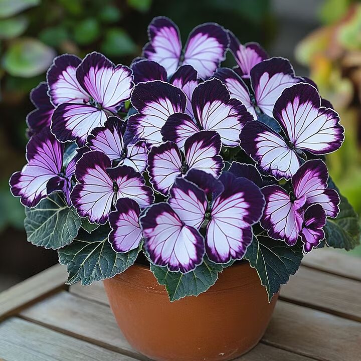 Moonlight Butterfly Begonia flower with purple and white ornamental blooms and decorative green foliage, suitable for shaded gardens and sheltered patios.