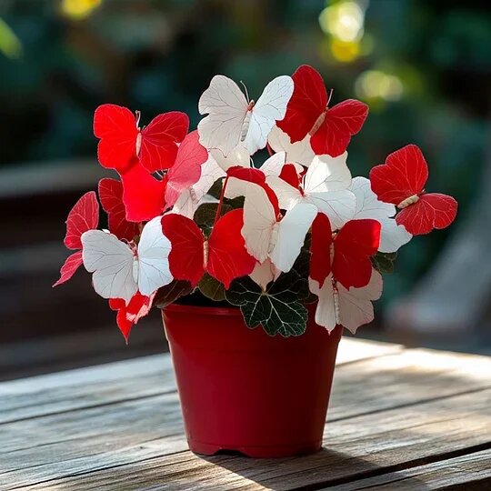 Moonlight Butterfly Begonia with decorative red and white coloring, presented as an ornamental plant for indoor displays and shaded garden spaces.