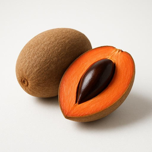 Fresh mamey sapote seeds and ripe tropical mamey fruits with rough brown skin and creamy reddish-orange flesh, showcasing a tropical fruit tree variety.