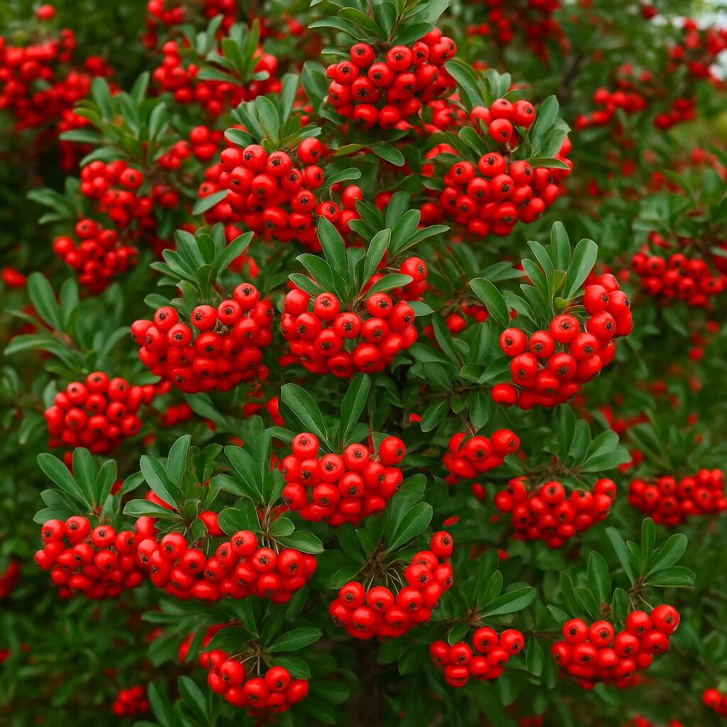 Red Pyracantha shrub with green foliage and bright red berry clusters in a garden