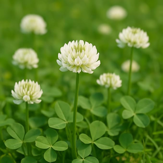 White Clover Flower Seeds with white blooms and green trifoliate leaves