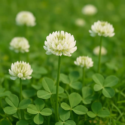 White Clover Flower Seeds with white blooms and green trifoliate leaves