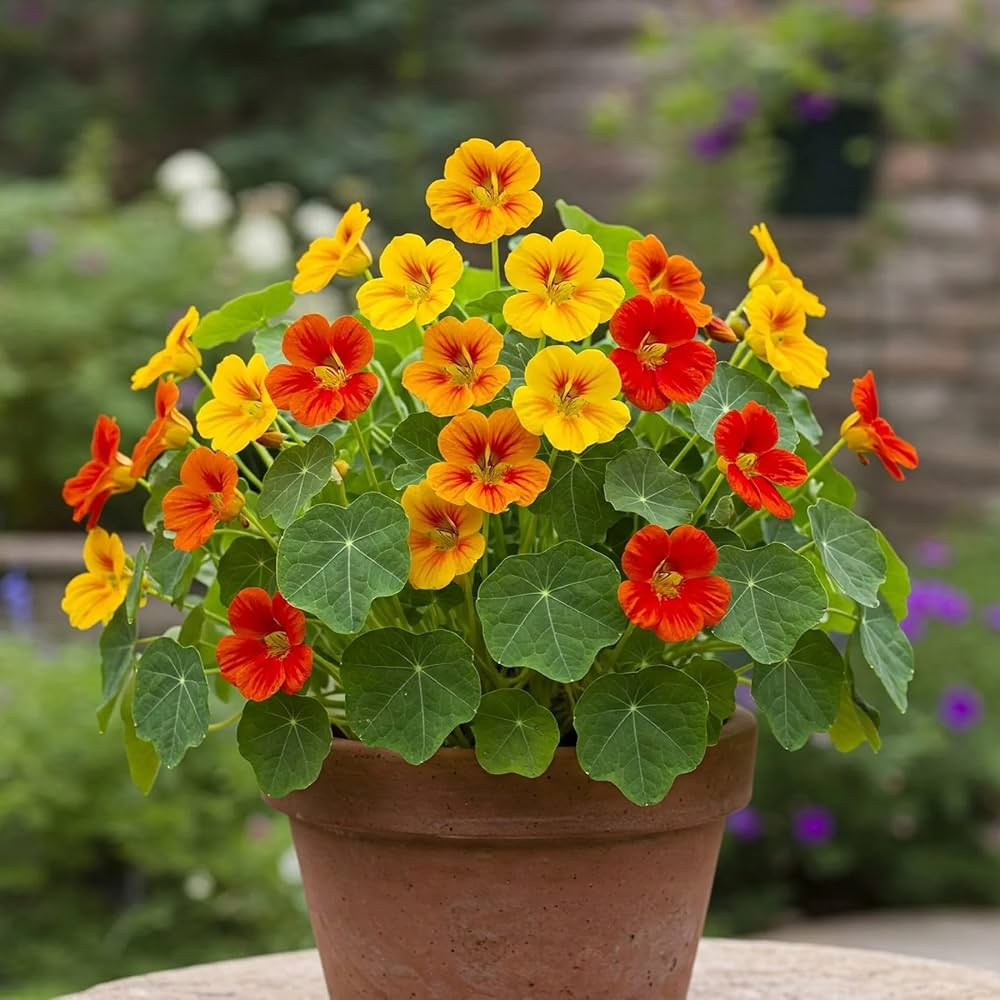 Jewel Mix Nasturtium flowers in vibrant yellow, orange, and red shades with green foliage