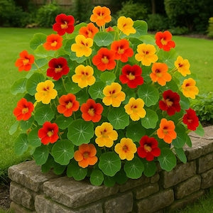 Nasturtium Tropaeolum majus flowers with colorful blooms and distinctive rounded green leaves
