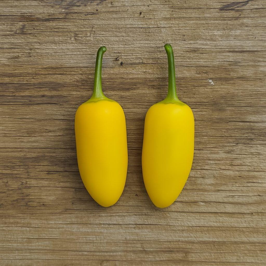 Yellow Jalapeño Pepper Seeds for planting with mature yellow jalapeño peppers growing on healthy garden plants